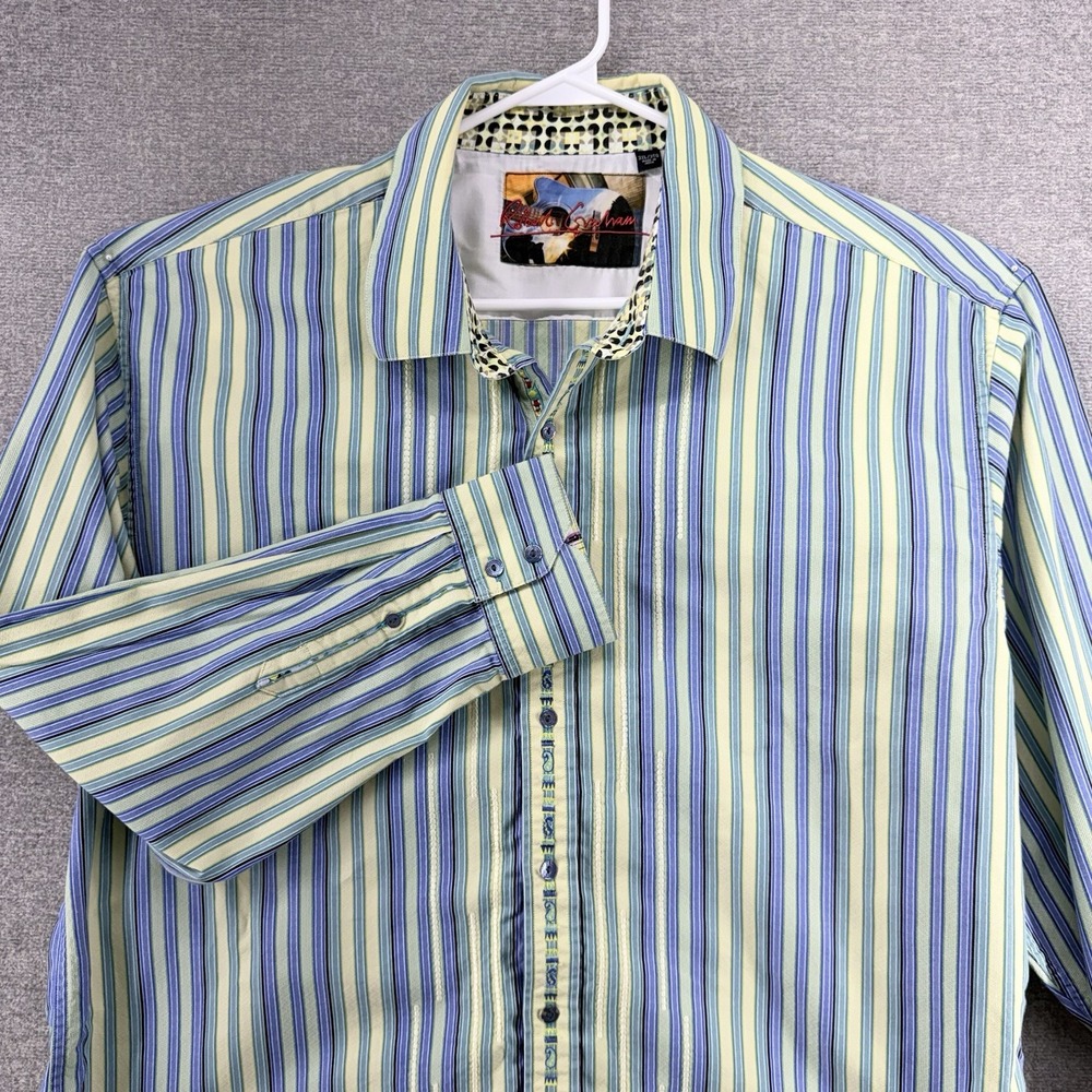 Robert Graham Flip Cuff Shirt Men Size 3XL Vertical Striped Yelow Blue Casual